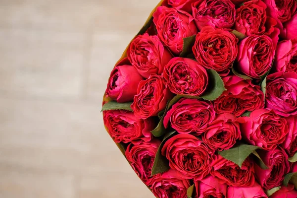 Halvt bilde av runde, store romantiske bukett av røde pion-formede roser – stockfoto