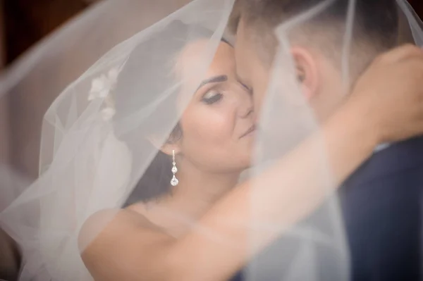 Feliz jovem marring casal beijos sob o véu da noiva — Fotografia de Stock