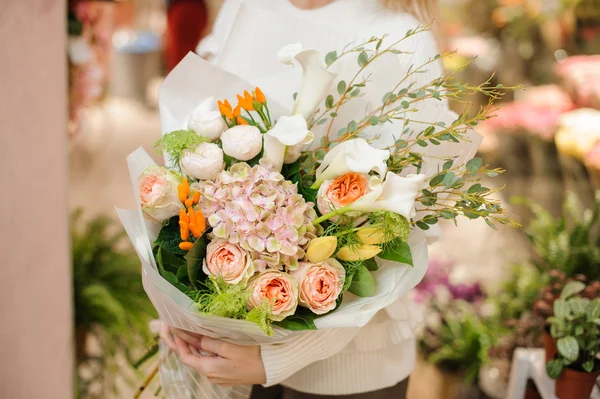 Amazing multicolored valentine bouquet of flowers in female hands — Stock Photo, Image