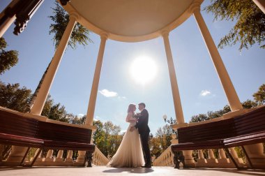 Alt görünümü fotoğraf gelin ve damat rotunda içinde kucaklayan