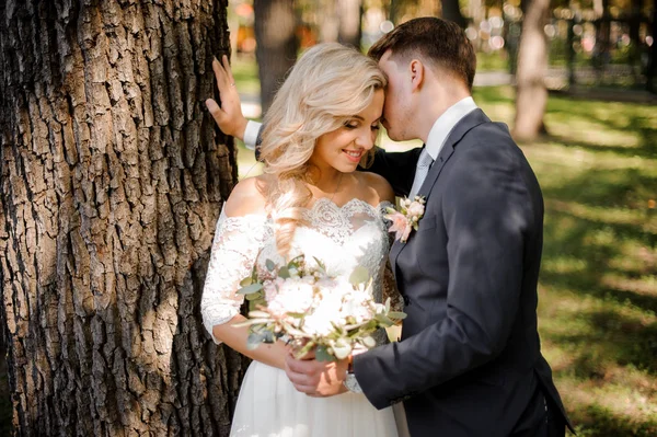 Porträtt av en brudgum som kysser en blond brud — Stockfoto