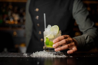 Barmen el bir bardak taze bir mojito ile tutarak