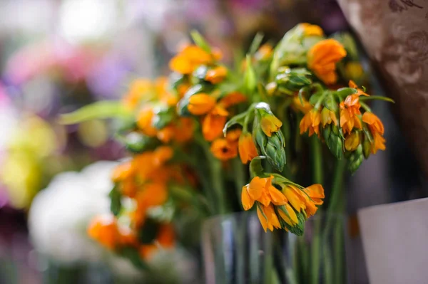 Макрофотография нежных весенних апельсиновых цветов в цветочном магазине — стоковое фото