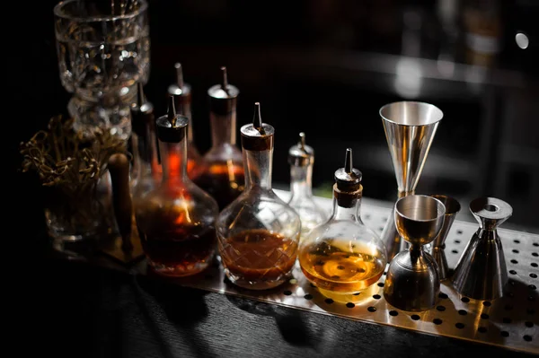 stock image Barman essentials standing on the steel bar counter