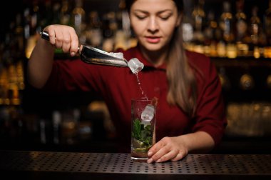 Kadın barmen buz bir kokteyl için ekleme