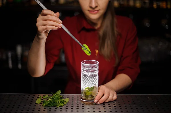 Barman fêmea adicionando uma folha de hortelã fresca a um açúcar de cana sagacidade — Fotografia de Stock