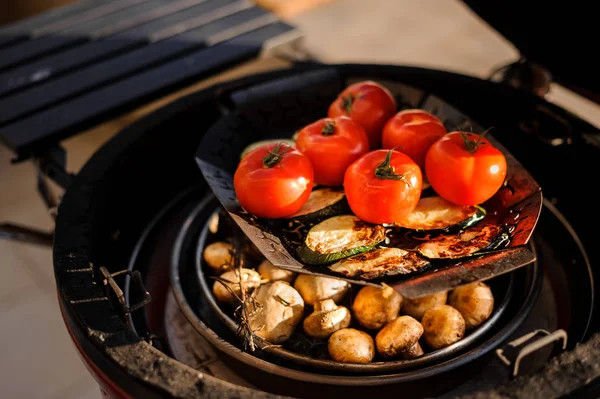 Top view of fresh red tomatoes, squashes and champignons mushrooms on grill — Stock Photo, Image