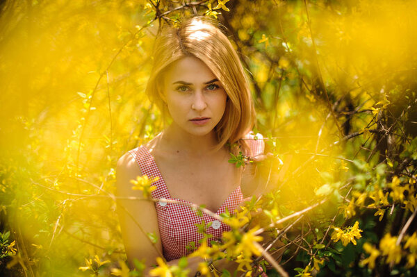 Beautiful blonde girl, dressed in a checked dress, standing between branches of yellow blossom tree