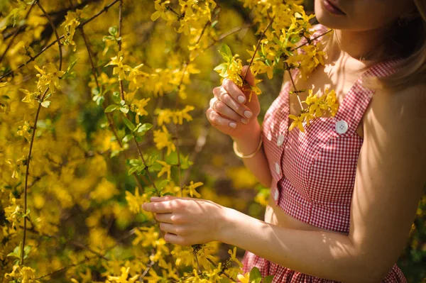 Senhora de pé entre ramos de árvore flor amarela — Fotografia de Stock