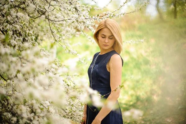 Молода і красива дівчина стоїть між гілками білого квітучого дерева — стокове фото