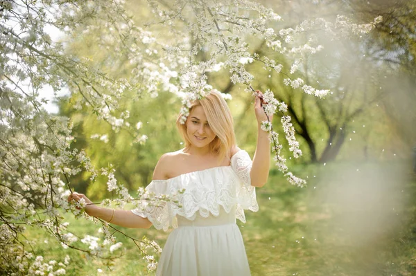 Девушка, стоящая между ветвями удивительно красивого белого дерева — стоковое фото