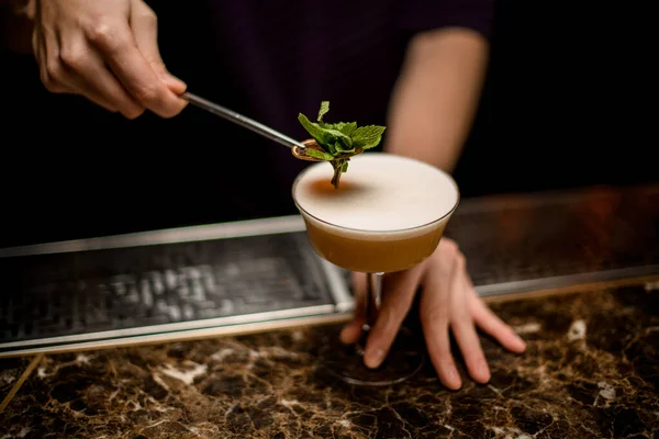 Barman masculino decorando um delicioso coquetel alcoólico no copo com um ramo de hortelã verde e laranja seca — Fotografia de Stock