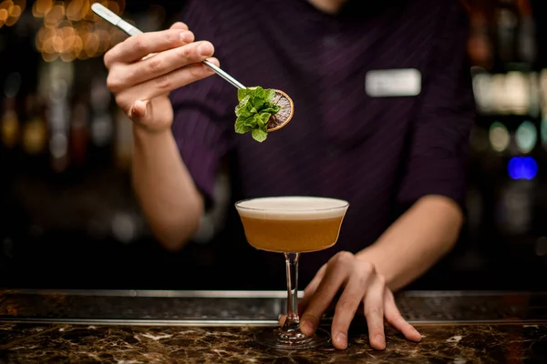 Profesionální barman zdobí lahodný alkoholický koktejl ve sklenici se zelenou mátovou větví a sušenou pomerančovou — Stock fotografie