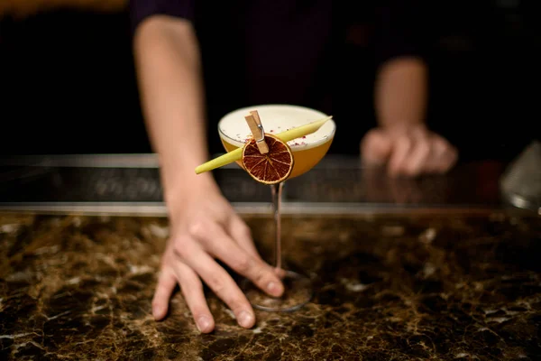 Professionell bartender som serverar gul alkoholhaltig cocktail i glaset med ett torkat citron och tropiskt blad i klädnypan — Stockfoto