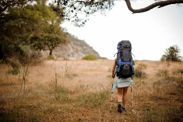 Rear view woman with backpack walking on the dry field to the trees and mountains in the far — Stock Photo, Image