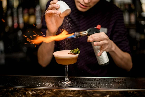 Barkeeper fügt einem alkoholischen Cocktail im Glas Gewürze hinzu und verbrennt sie — Stockfoto