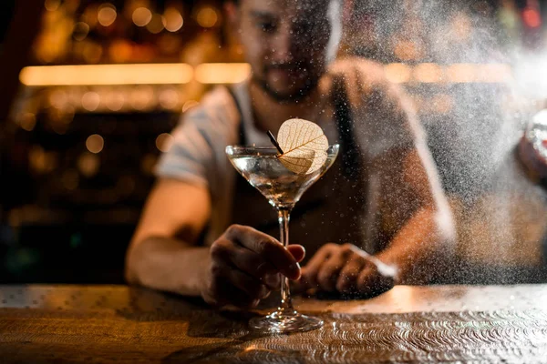 Bartendern nålar torrt löv till en drink — Stockfoto