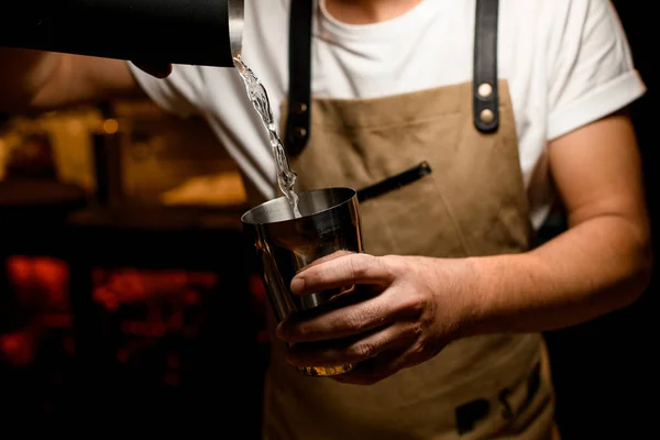 Bartender prepara coquetel de álcool com um shaker — Fotografia de Stock