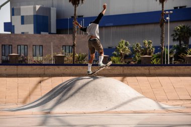 Profesyonel bir binici kaykay pistinde atlıyor.