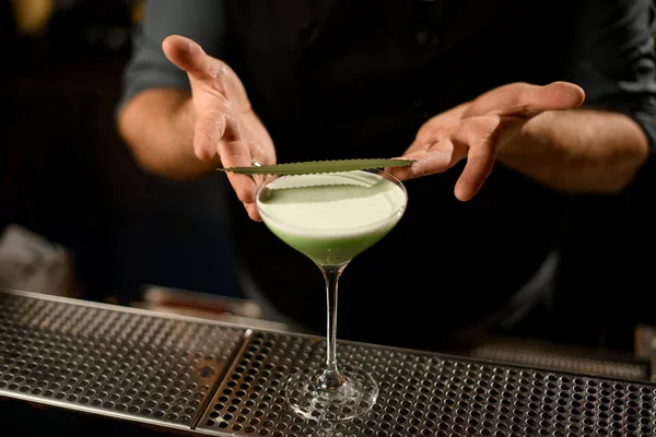 Barkeeper legt Eukalyptusblatt auf einen Cocktail — Stockfoto