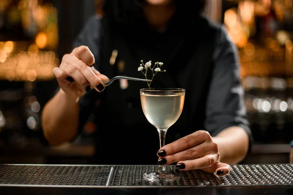 Primo piano del barista che mette il piccolo ramo in cocktail — Foto Stock