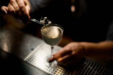 Profesyonel barmen kız bulanık şeffaf alkollü kokteyli çiçeklerle süslemiş.