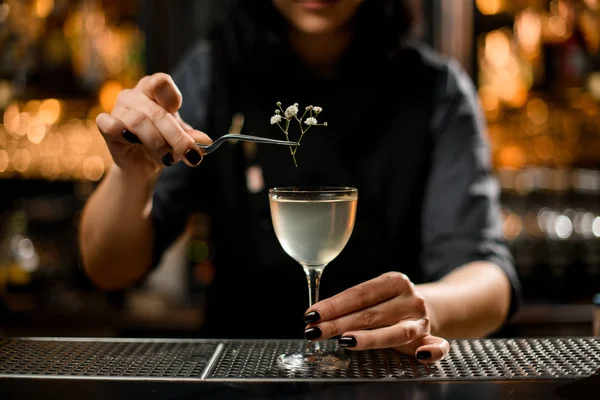 Brunette Woman Barman Carefully Pours Cocktail from Steel Shaker into Glass  Using Sieve. Stock Image - Image of hands, liqueur: 176636025