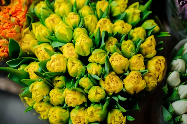Прекрасный букет желтых тюльпанов с зелеными листьями в прозрачной оберточной бумаге — стоковое фото
