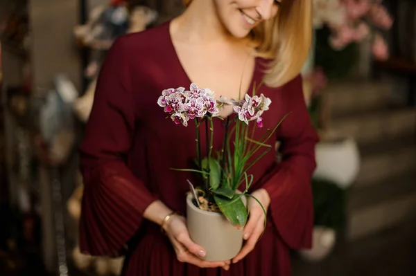Κοντινό πλάνο της γυναίκας σε μπορντό μπλούζα με τρυφερά λουλούδια — Φωτογραφία Αρχείου
