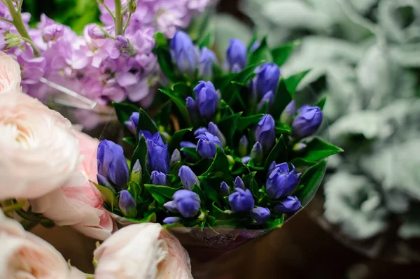 Hermoso ramo de tulipanes azules con hojas verdes en el papel de regalo transparente — Foto de Stock