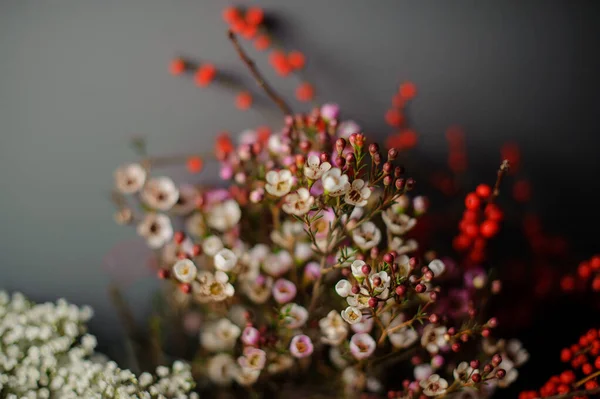 Boeket van takken van rode bessen en tedere roze kleur bloemen — Stockfoto