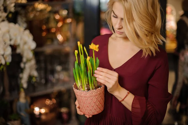 Lány kezében egy kis őszibarack színű pot zöld Narcissus sárga virágokkal — Stock Fotó