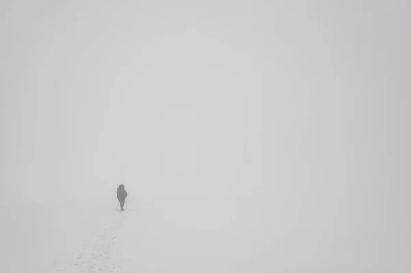 Человек забирается на горный холм с палками и рюкзаком во время метели — стоковое фото
