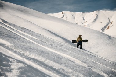 Snowboard 'lu erkek serbest gezgin dağ yamacında poz veriyor