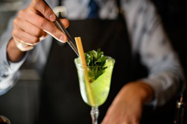 Barmenin bardağı buzla ve nane yapraklarıyla nasıl süslediğini yakından çek..