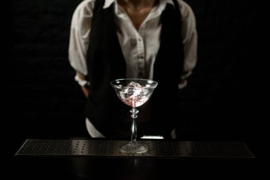 Güzel şeffaf camların yakın planında, barın üzerinde duran bir buz parçası..