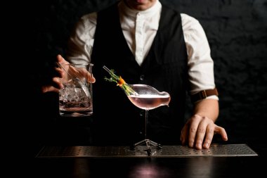 Yakın plan erkek barmen, cam karıştırma bardağı ve kuş şeklinde cam kap taşıyor.
