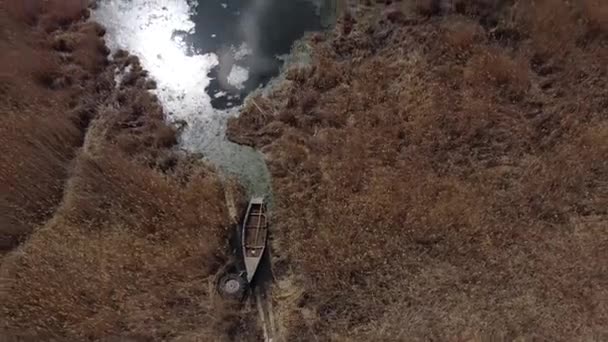 Vista superior do pequeno rio ao longo da costa do qual os juncos crescem — Vídeo de Stock