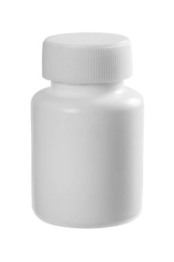 Beyaz arka planda izole edilmiş haplar için beyaz plastik tıbbi kap