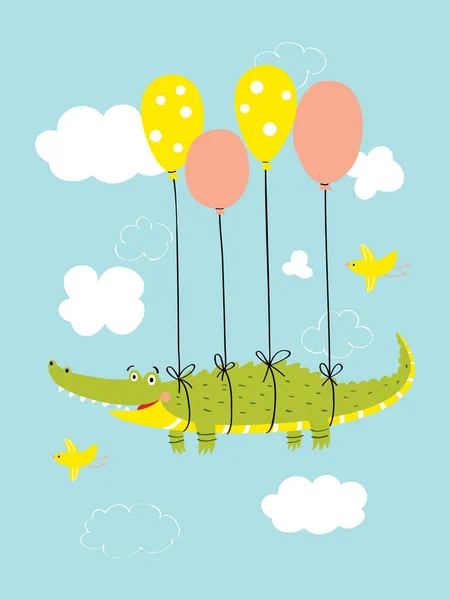 Şirin timsah üzerinde balon gökyüzünde uçar