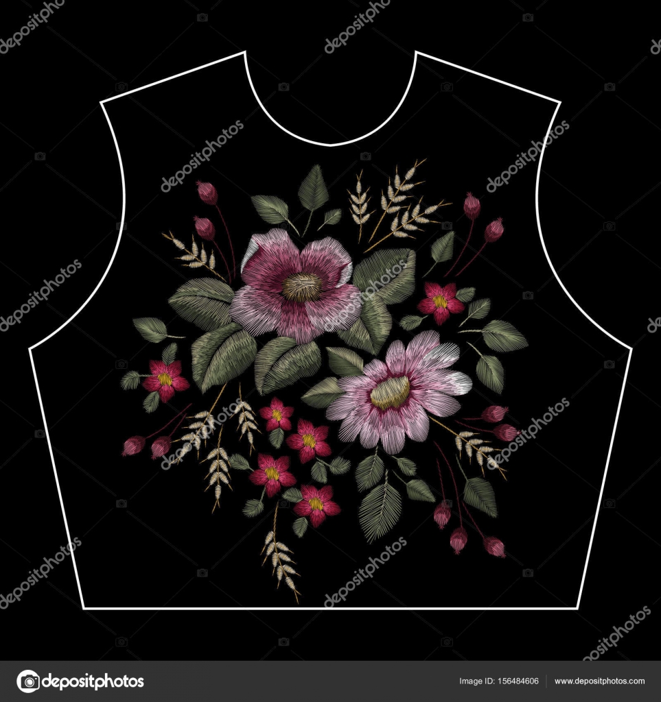伝統的な民俗花背景の黒のおしゃれな刺繍 印刷のための服の犬バラの花束 ベクトル ストックベクター C Irkast