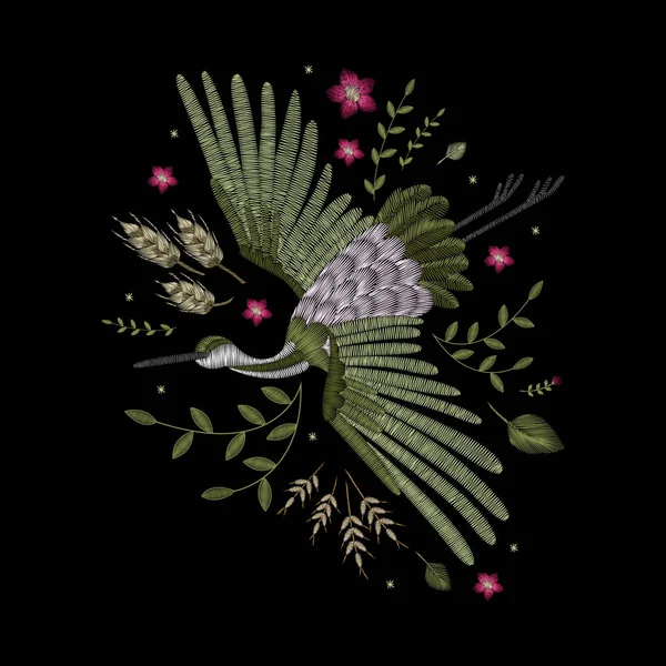 Crane bird, flowers, rose, rose-hip, plant. Traditional folk stylish stylish embroidery on the black background. Sketch for printing on clothing, fabric, bag, accessories and design. Vector, trend