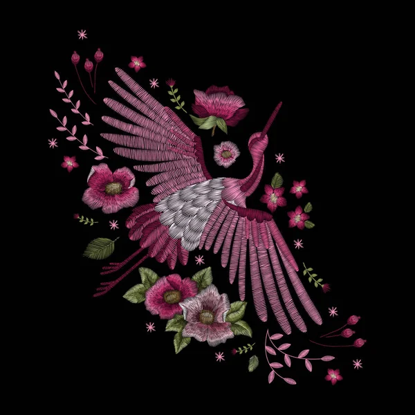 Crane bird, flowers, rose, rose-hip, plant. Traditional folk stylish stylish embroidery on the black background. Sketch for printing on clothing, fabric, bag, accessories and design. Vector, trend