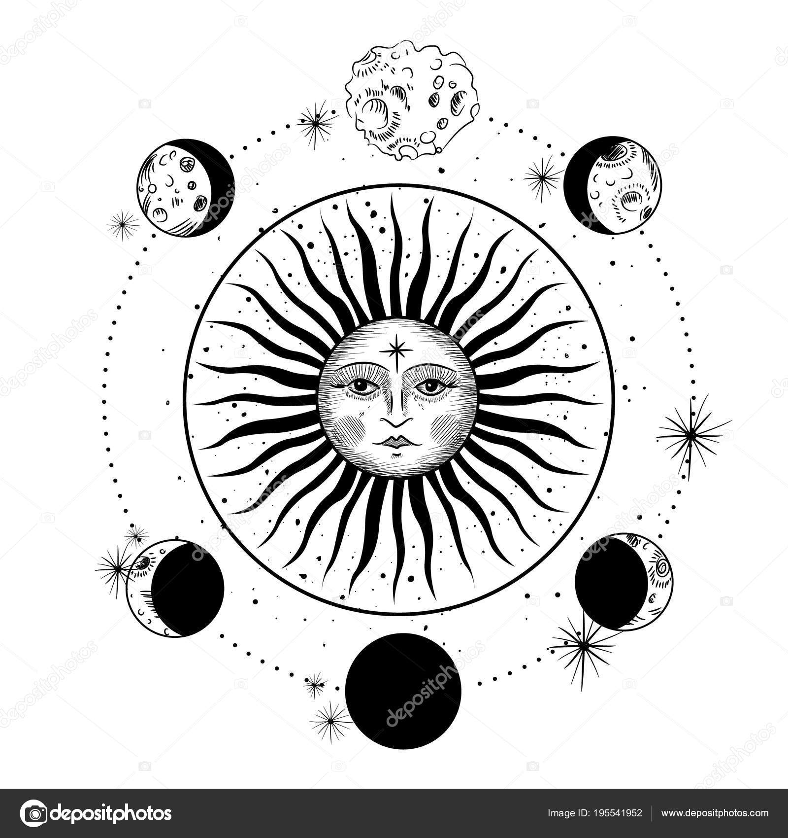 Face Sun Moon Stars Masonic Tattoo Design Shirts Alchemy Akultism Vector Image By C Irkast Vector Stock
