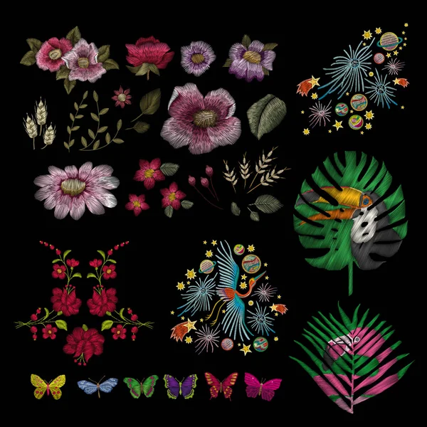 Crane bird, flowers, rose, rose-hip, plant. Traditional folk stylish stylish embroidery on the black background. Sketch for printing on clothing, fabric, bag, accessories and design. Vector, trend