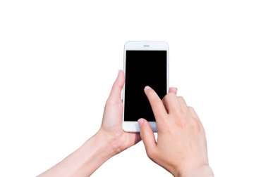 El ele tutuşan akıllı telefon beyaz arkaplanda izole edildi.