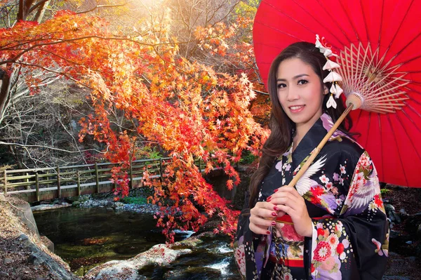 Ázsiai nő visel hagyományos japán kimonó, piros esernyő, őszi. — Stock Fotó