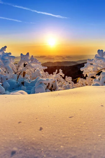 Východ slunce na Deogyusan hory pokryté sněhem v zimě, Jižní Korea. — Stock fotografie