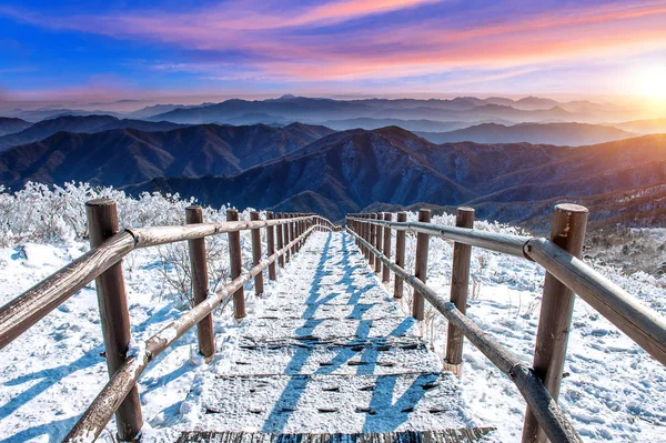 Hermoso amanecer y escalera en las montañas Deogyusan cubiertas de nieve en invierno, Corea del Sur . — Foto de Stock