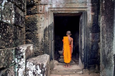 Rahiplerin antik taş yüzleri Bayon Tapınağı, Angkor Wat, Siam Reap, Kamboçya